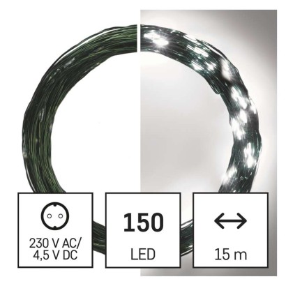 LED Ziemassvētku nano virtene, zaļa, 15 m, liet. ārā un iekšt., auksti balta, ar taimeru