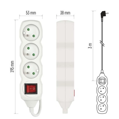 Prodlužovací kabel 3 m / 3 zásuvky / s vypínačem / bílý / PVC / 1 mm2