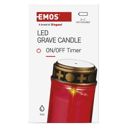 LED temetői mécses, piros, 2x C, kültéri és beltéri, meleg fehér, időzítő