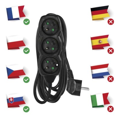 Przedłużacz 5 m / 3 gniazda / czarny / PVC / 1,5 mm2