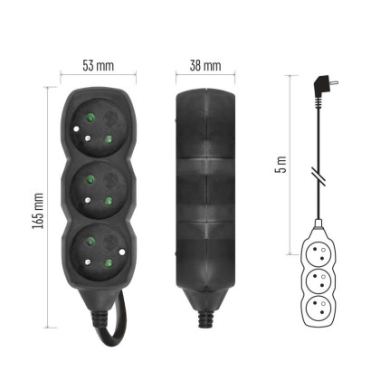 Przedłużacz 5 m / 3 gniazda / czarny / PVC / 1,5 mm2