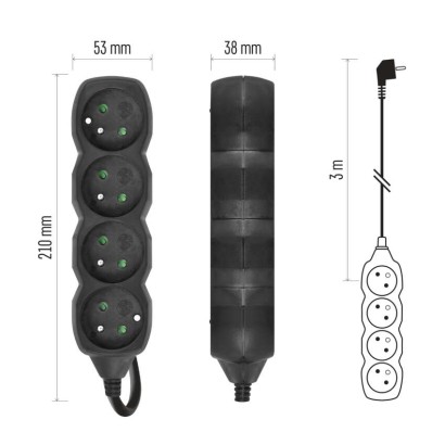 Predlžovací kábel 3 m / 4 zásuvky / čierny / PVC / 1,5 mm2