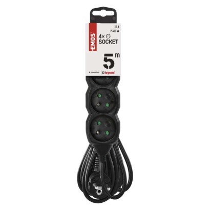 Predlžovací kábel 5 m / 4 zásuvky / čierny / PVC / 1 mm2