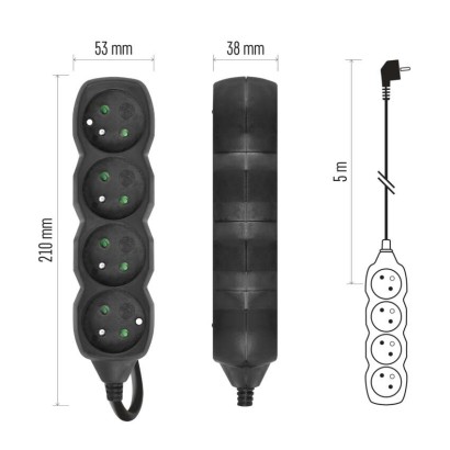 Przedłużacz 5 m / 4 gniazda / czarny / PVC / 1,5 mm2