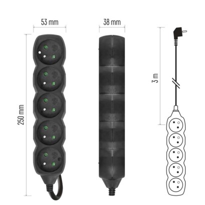 Prodlužovací kabel 3 m / 5 zásuvek / černý / PVC / 1 mm2