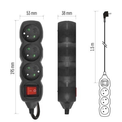 Predlžovací kábel 1,5 m / 3 zásuvky / s vypínačom / čierny / PVC / 1 mm2