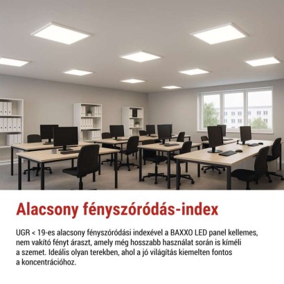 LED panel BAXXO 60 × 60 cm / 50 mm, 36 W, 4320 lm, falonkívüli, sem. fehér, UGR<19, IP21