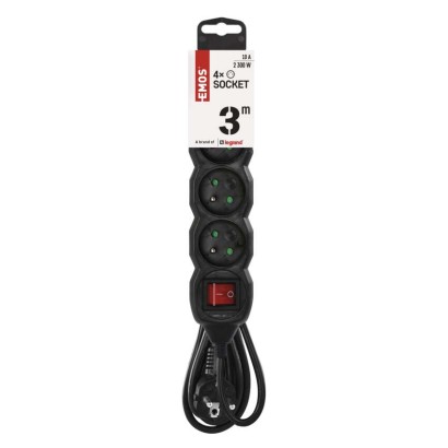Prodlužovací kabel 3 m / 4 zásuvky / s vypínačem / černý / PVC / 1 mm2