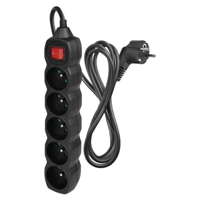 Predlžovací kábel 2 m / 5 zásuviek / s vypínačom / čierny / PVC / 1 mm2