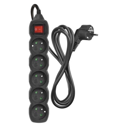 Predlžovací kábel 2 m / 5 zásuviek / s vypínačom / čierny / PVC / 1 mm2