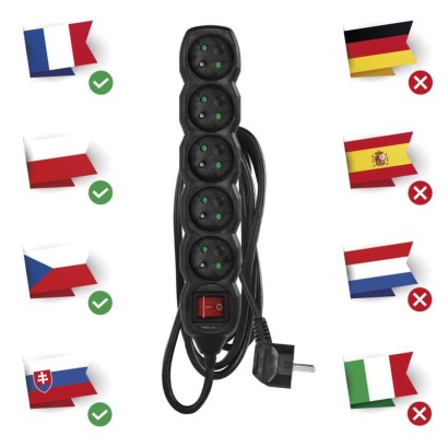 Predlžovací kábel 2 m / 5 zásuviek / s vypínačom / čierny / PVC / 1 mm2