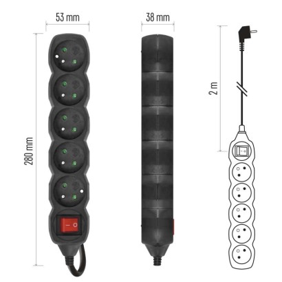 Predlžovací kábel 2 m / 5 zásuviek / s vypínačom / čierny / PVC / 1 mm2