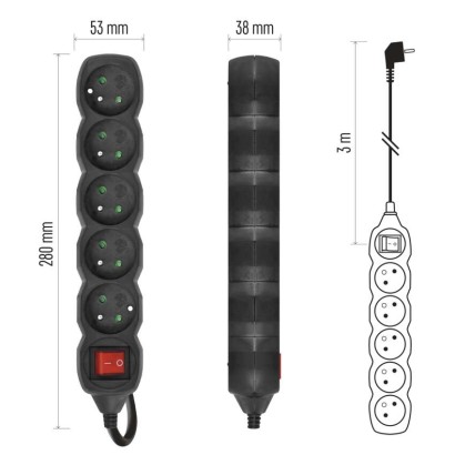 Przedłużacz 3 m / 5 gniazd / z wyłącznikiem / czarny / PVC / 1 mm2