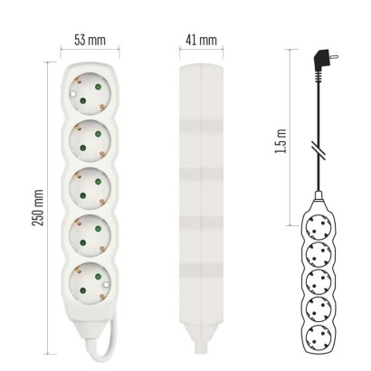 Pikendusjuhe 1,5 m / 5 Pistikupesa / valge / PVC / 1,5 mm2