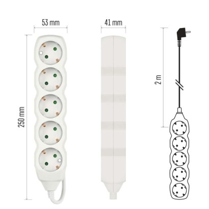 Hosszabbító 2 m  /  5 aljzat  /  fehér  /  PVC  /  1 mm2