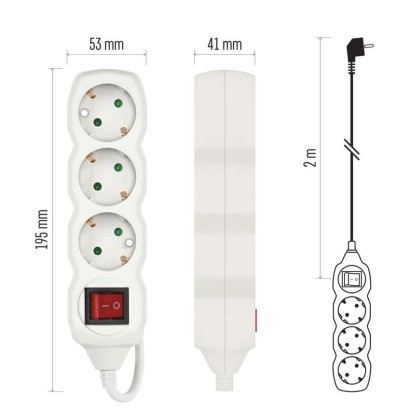 Pagarinātājs, 2 m / 3 kontaktligzdas / ar slēdzi / balts / PVH / 1 mm2