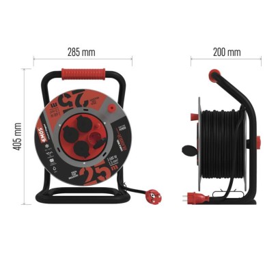 Kültéri kábeldob 25 m / 4 aljzat / fekete / gumi-neoprén / 230V / 1,5 mm2
