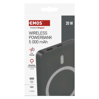 Powerbank EMOS WI 522, 5 000 mAh, 20 W+Wireless, grau