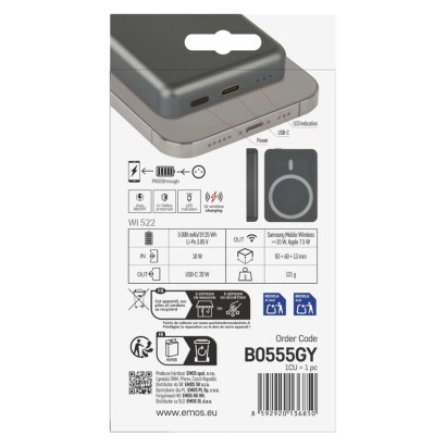 Powerbank EMOS WI 522, 5 000 mAh, 20 W+Wireless, grau