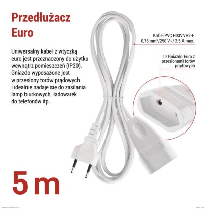 Przedłużacz 5 m / 1 gniazdo / biały / PVC / 0,75 mm2