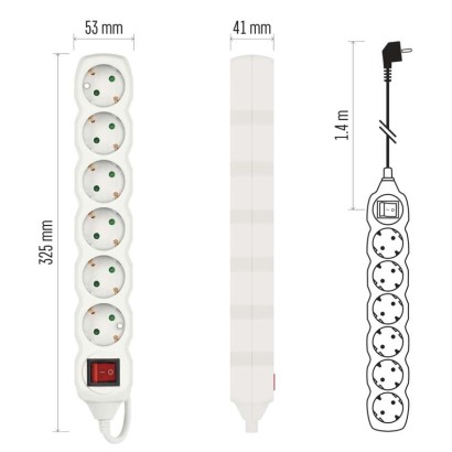 Prailginimo laidas 1,4 m / 6 lizdai / baltas / PVC / 1 mm2