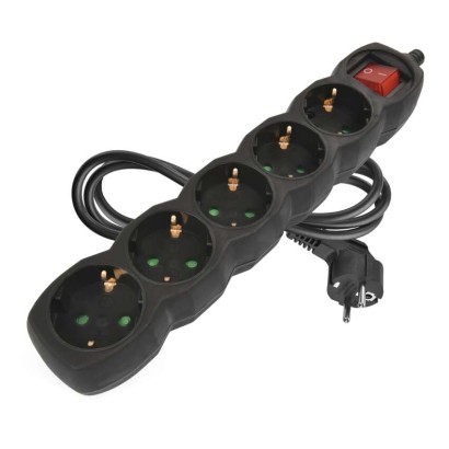 Pagarinātājs, 1,5 m / 5 kontaktligzdas / ar slēdzi / melns / PVH / 1,5 mm2