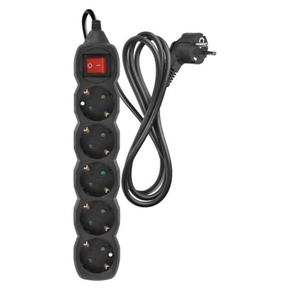 Pagarinātājs, 1,5 m / 5 kontaktligzdas / ar slēdzi / melns / PVH / 1,5 mm2
