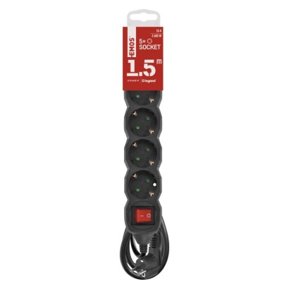 Pagarinātājs, 1,5 m / 5 kontaktligzdas / ar slēdzi / melns / PVH / 1,5 mm2