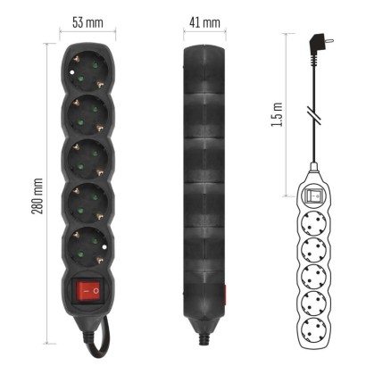 Pagarinātājs, 1,5 m / 5 kontaktligzdas / ar slēdzi / melns / PVH / 1,5 mm2