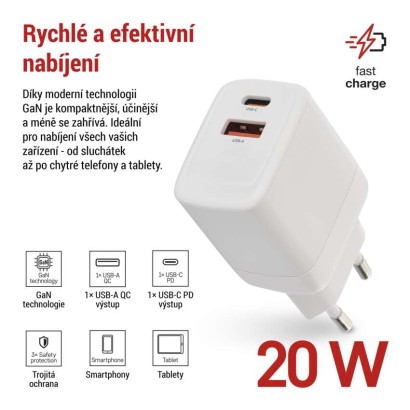 Univerzální USB adaptér GaN do sítě PD 20 W max.