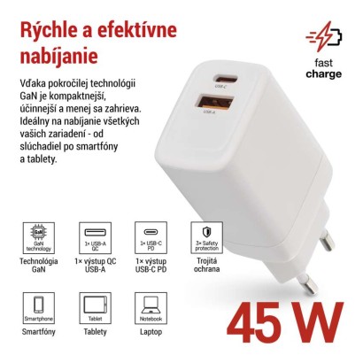 Univerzálny USB adaptér GaN do siete PD 45 W max.