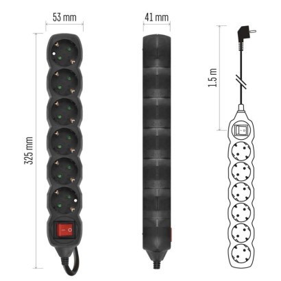 Ilgintuvas 1,5 m / 6 lizdai / su jungikliu / juodas / PVC / 1,5 mm2 