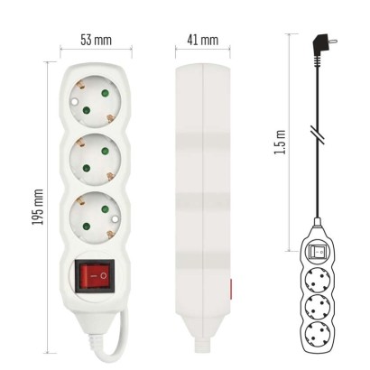 Hosszabbító 1,5 m / 3 aljzat / kapcsolós / fehér / PVC / 1,5 mm2