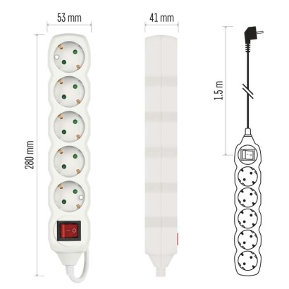 Ilgintuvas 1,5 m / 5 lizdai / su jungikliu / baltas / PVC / 1,5 mm2 