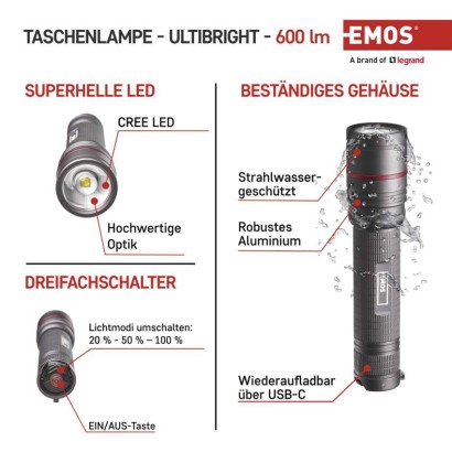 CREE LED Aufladbare Metall-Taschenlampe Ultibright 80, 600lm