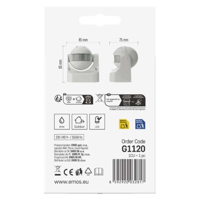 Bewegungsmelder (PIR-Sensor) IP44 1200W Weiss