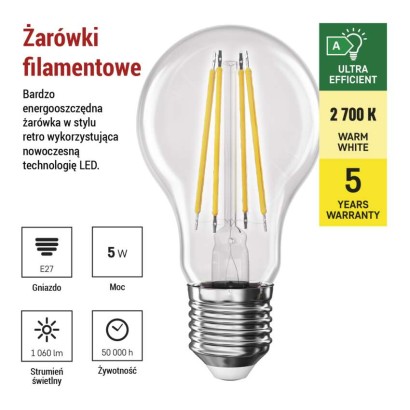 Żarówka LED Filament A60 A CLASS/ E27 / 5 W (75 W) / 1 060 lm / ciepła biel