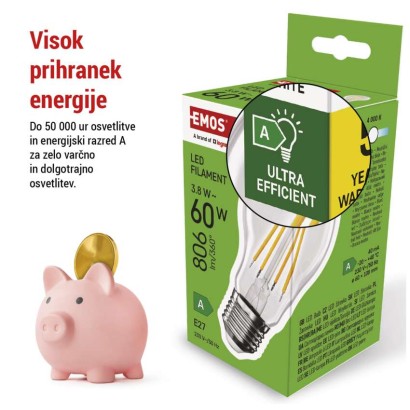LED žarnica Filament A60 A CLASS/ E27 / 3,8 W (60 W) / 806 lm / nevtralno bela