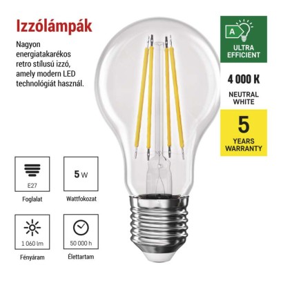 LED izzó Filament A60 A CLASS/ E27 / 5 W (75 W) / 1 060 lm / természetes fehér