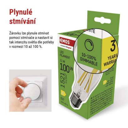 LED žárovka Filament A60 / E27 / 11W (100W) / 1521 lm / neutrální bílá / stmívatelná