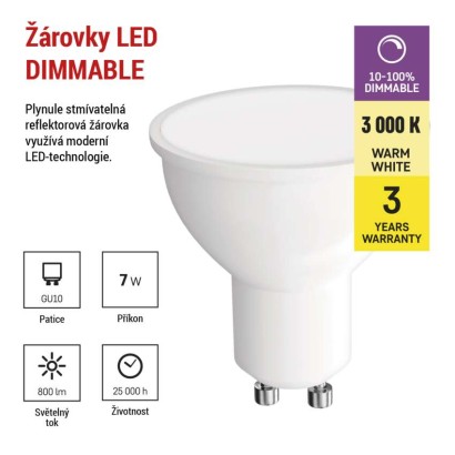 LED žárovka Classic MR16 / GU10 / 7 W (60 W) / 800 lm / teplá bílá / stmívatelná