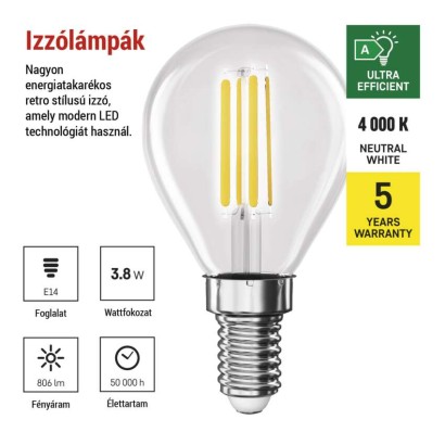 LED izzó Filament Mini Globe A CLASS  / E14 / 3,8 W (60 W) / 806 lm / Természetes fehér