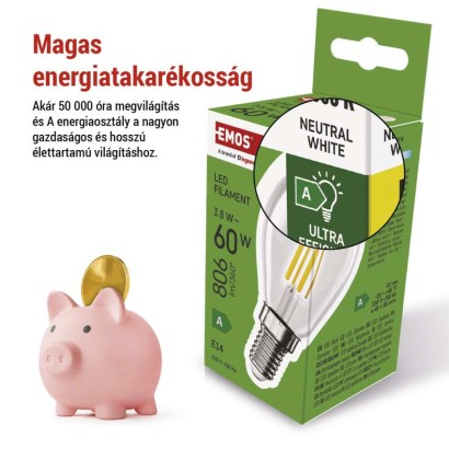 LED izzó Filament Mini Globe A CLASS  / E14 / 3,8 W (60 W) / 806 lm / Természetes fehér