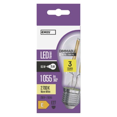 LED žiarovka Filament A60 / E27 / 8,5 W (75 W) / 1 055 lm / teplá biela / stmievateľná