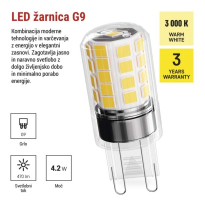 LED žarnica Classic JC / G9 / 4,2 W (40 W) / 470 lm / toplo bela 