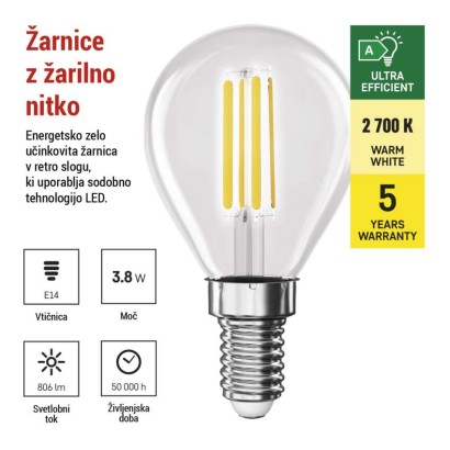 LED žarnica Filament Mini Globe A CLASS / E14 / 3,8 W (60 W) / 806 lm / toplo bela