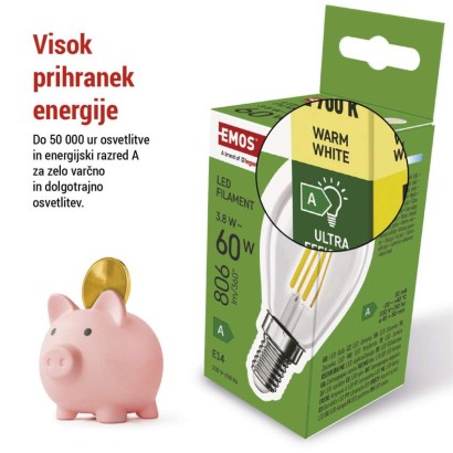 LED žarnica Filament Mini Globe A CLASS / E14 / 3,8 W (60 W) / 806 lm / toplo bela