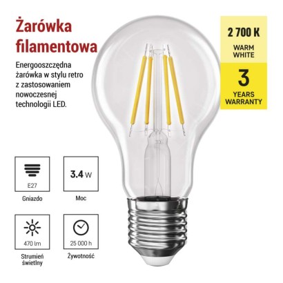 Żarówka LED Filament A60 / E27 / 3,4 W (40 W) / 470 lm / 470 lm / ciepła biel