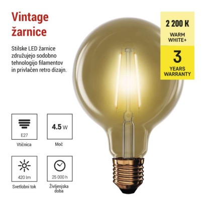 LED žarnica Vintage G95 / E27 / 4,5 W (40 W) / 420 lm / Toplo bel