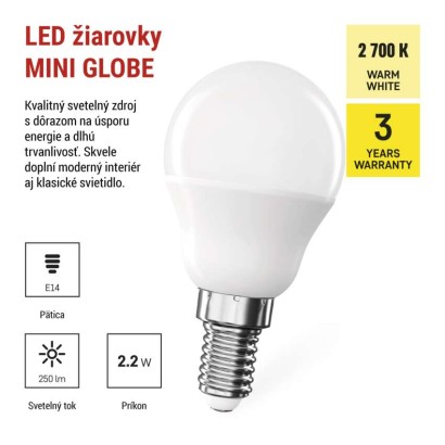 LED žiarovka CLS Mini Globe / E14 / 2,2 W (25 W) / 250 lm / teplá biela